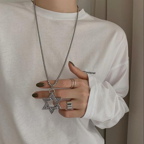 

pendant necklaces eben-ezer hexagram titanium long necklace for women and men deer stainless-steel chain punk gift girls jewelry, Silver
