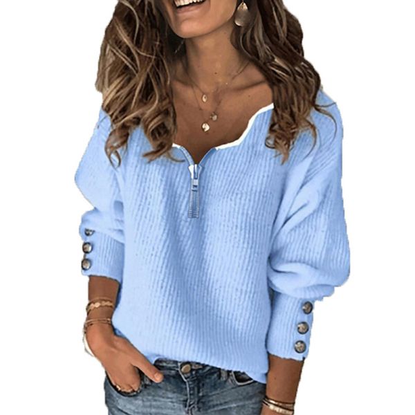 

women's pullover sweater zipper stylish basic casual long sleeve sweater cardigans v neck fall winter blue gray white, White;black
