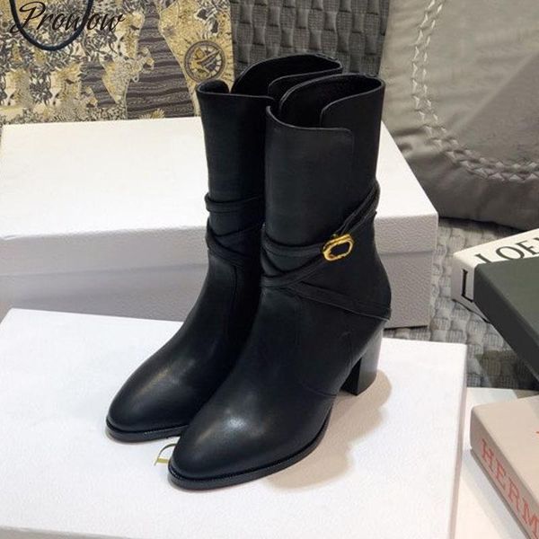 

boots prowow genuine leather pointed toe brand design women shoes high heels 7cm mid-calf female zapatos mujer, Black