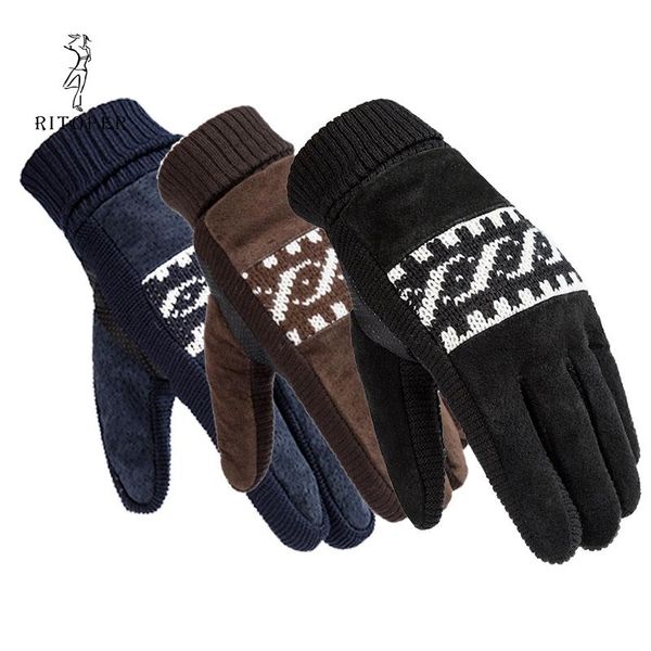 

fingerless gloves rir men' pig skin leather winter velvet thicken warm knitted wool fashion windproof ridong skiing, Blue;gray