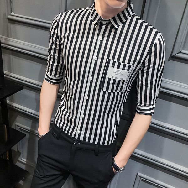 

2021 new summer brand half sleeve striped shirts of men young thin man's work shirt fit all casual games homme blouse 7rll, Black;brown