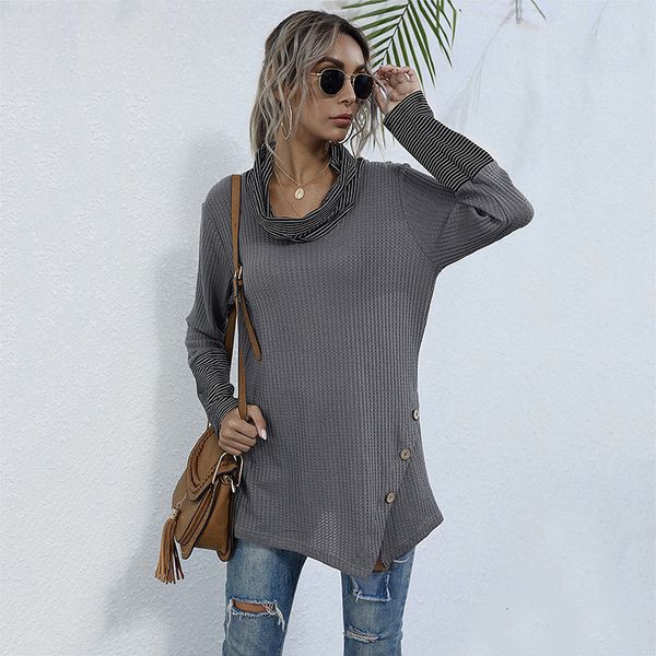 

2021 autumn fashion asymmetrical casual pile collar full sleeve button pullover bottoming t shirt for women new pdgi, White