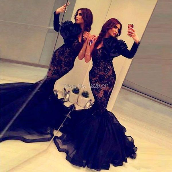 

party dresses arabic 2021 formal mermaid evening long sleeves black lace organza occasion gowns crystals backless dress sexy, White;black