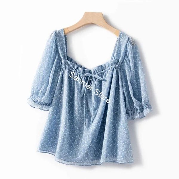 

2021 new primavera vero feminino gola quadrada blusa manga fresca flor impresso sem costas babados rendas-up doce camisa roupas femininas ja, Black