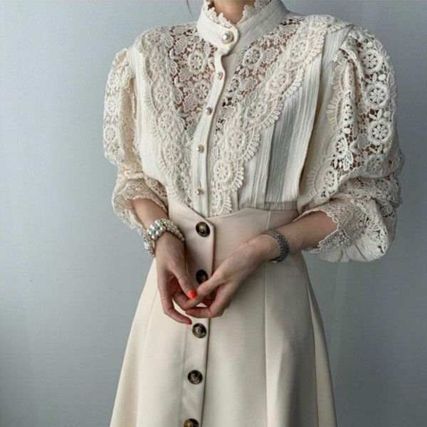 

jxmyy 2021 sweet chic stand hollow out patchwork lace office lady soft casual warm all-match stylish blouses 2 types, White