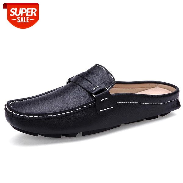 

2020 brand men shoes summer casual flat shoes man soft leather slip-on half slippers men comfortable driving loafers #ve5h, Black