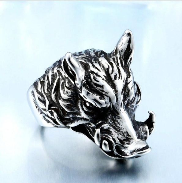 

cluster rings mens titanium steel punk wild boar ring fashion domineering animal jewelry gift, Golden;silver
