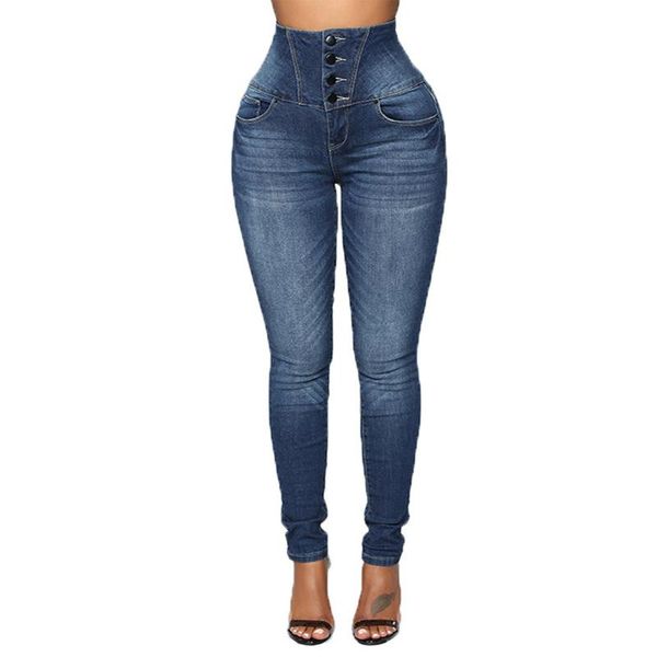 

women's jeans high waist skinny women botton up pencil denim pants ladies causal slim fit mom wear female trousers, Blue