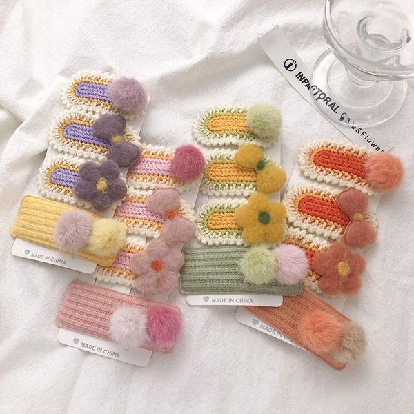 

hair accessories 4pcs/set fashion for girls hand-made cute plush bow flower hairballs knitting clips sweet headband hairpin, Slivery;white