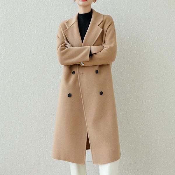 

women's wool & blends womens lapel collar cashmere blend coat autumn and winter hepburn style loose long double breasted, Black