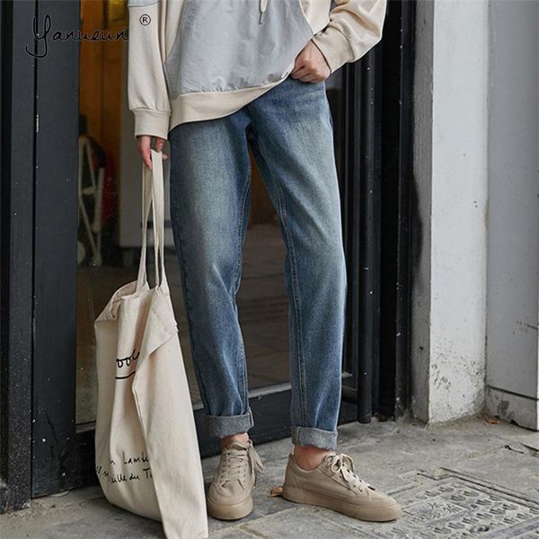 

women's jeans yanueun womens zipper casual korean style high waist female 2021 ankle-length vintage blue denim pants