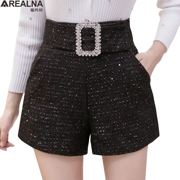 

fashion tweed shorts for women new autumn winter sequins black women shorts diamonds belt high waist wide leg femme shorts 210309, White;black