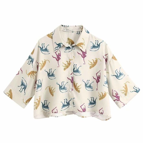

women turn down collar colorful monkeys print casual smock blouse ladies chic kimono style chemise femininas shirts ls6371, White
