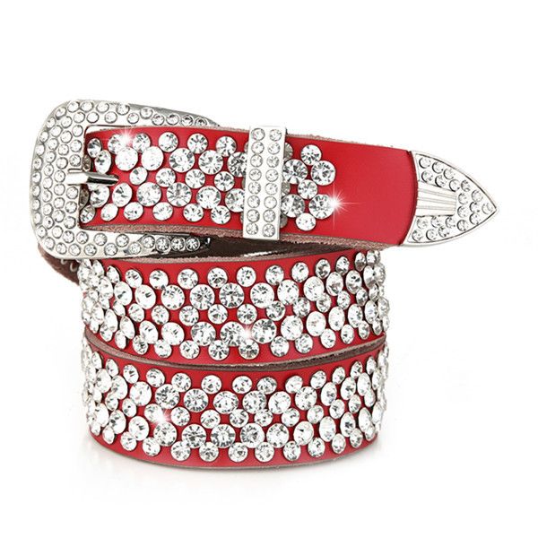 

110cm 6 colors red brown genuine leather woman female belt fashion luxury sparkling full diamonds zircon rhinestone belt 3.5cm pin buckle, Black;brown