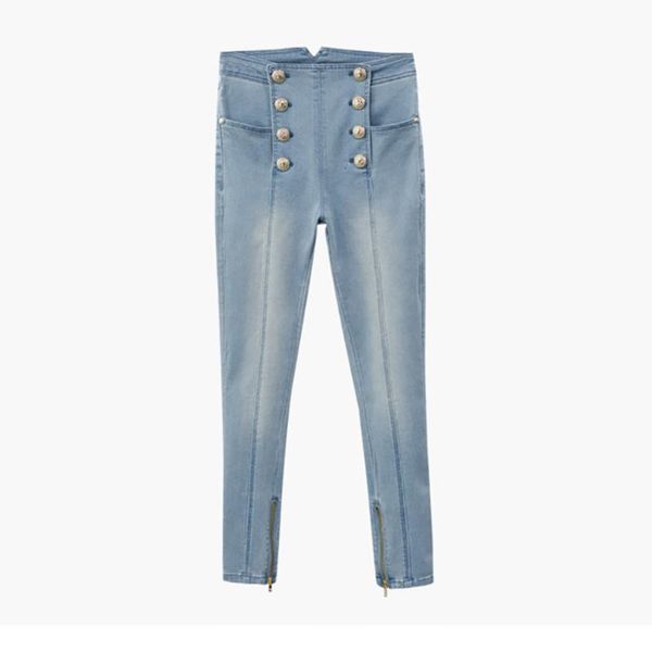 

women's jeans 4 seasons double breasted high waist side fake zippers casual denim womens skinny slim full length pencil pants 2021, Blue