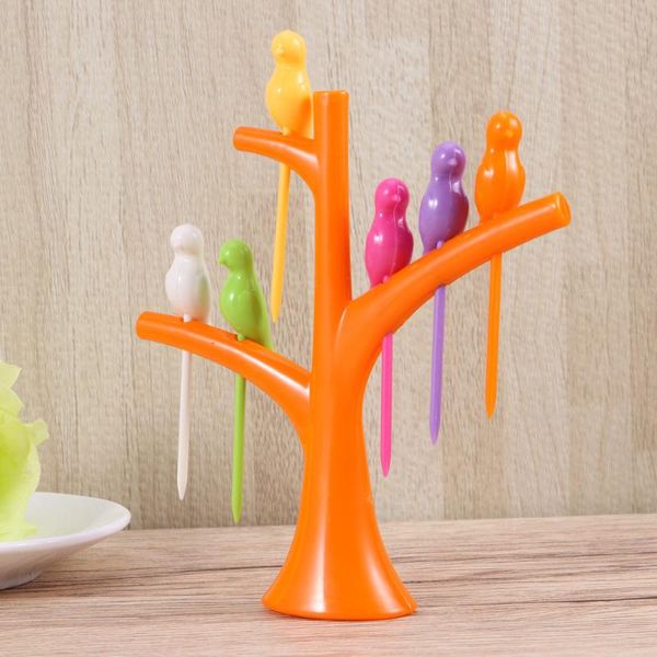 

forks 6pcs bird shaped fruit and 1pc tree holder toothpick tool for party home decor (orange)