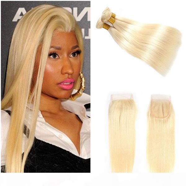 

613# honey blonde human hair extensions colored brazilian straight hair 3 bundles with lace closure virgin human hair weave, Black;brown