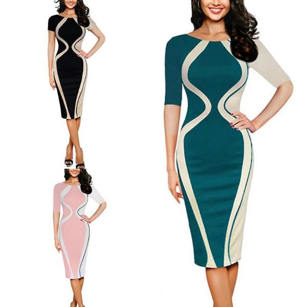 

casual dresses elegant bodycon dress contrast color patchwork women half sleeve round neck stretchy midi for party business, Black;gray