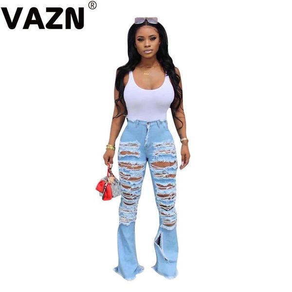 

women's jeans vazn chic product 2021 spring lady blue solid hole long denim high waist buttonfly straight casual daily cool