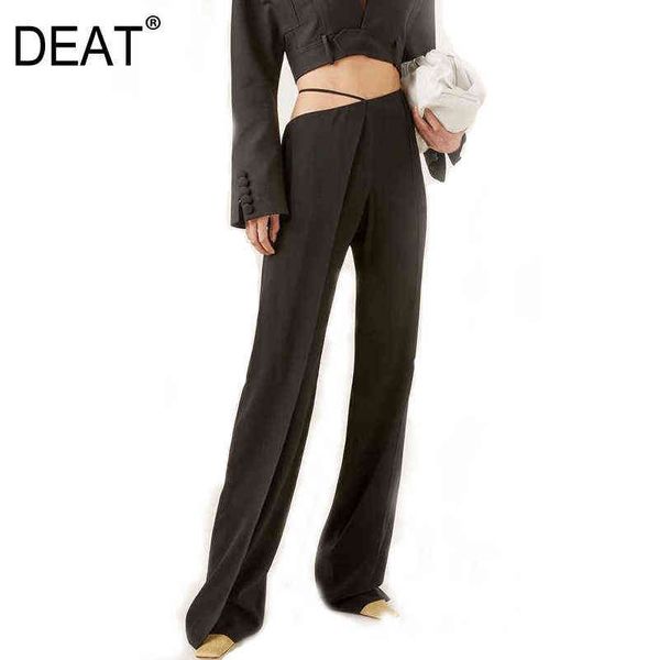 

[deat] black slim irregular high waist trousers strap drop feeling floor pulling split straight pants fit gx1214 211124, Black;white