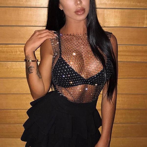 

womens fishnet rhinestone crop 2021 summer mesh high elastic black white shirt net see through rave diamond tank top