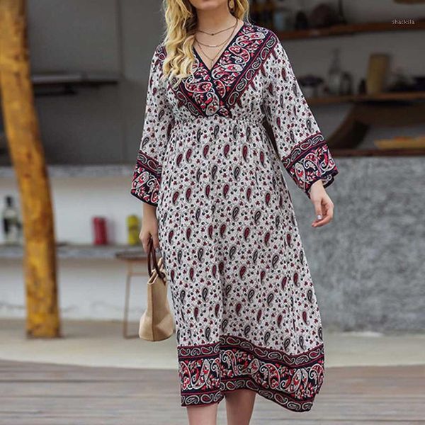 

home&nest 2021 fashion womens plus size long sleeve printing v-neck dress party vestidos mujer summer casual dresses, Black;gray
