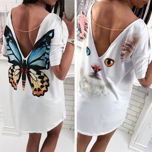

beach loose plus size sundress trendy women deep v backless t-shirt animal printed cat butterfly print, White