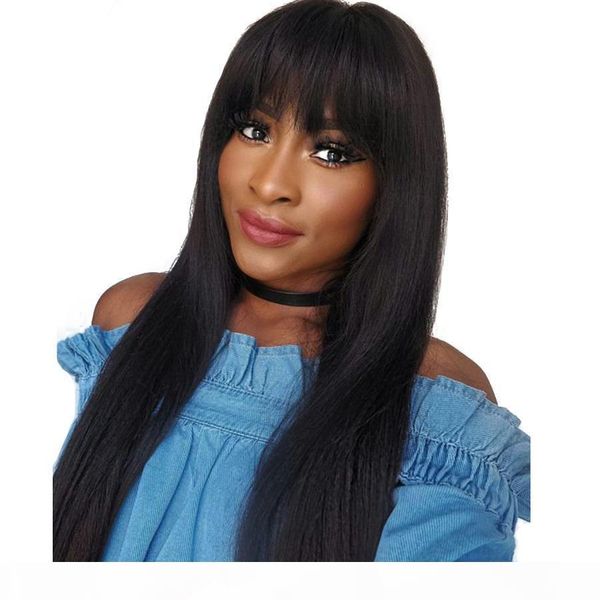 

hd transparent lace front wig bangs long straight for black woman virgin brazilian pre plucked hd full lace wigs bangs with baby hair, Black;brown
