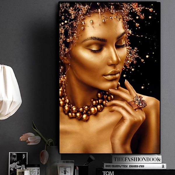 

cnpainting canvas painting wall art figure african art black and gold woman poster prints picture for living room home decor