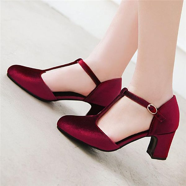 

dress shoes fashion t-straps high heels women velvet pumps mary janes red green heeled party wedding office ladies large size, Black