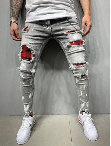 

man fashion hole pants ripped trousers boy skinny jeans, Blue
