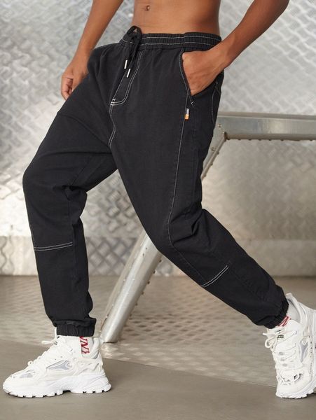 

men drawstring waist slant pocket stitching pants c9dm#, Black