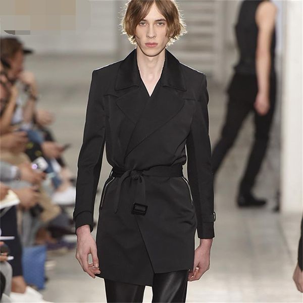 

men's trench coats slim windbreaker big-name show belt autumn casual plus size mid-length youth jacket trend, Tan;black