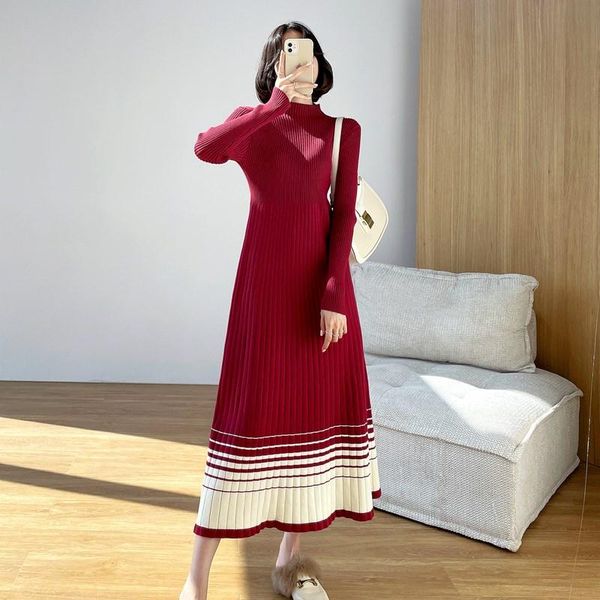 

casual dresses women half turtleneck sweater dress long sleeve ladies splicing stripe knitting a-line 2021 autumn winter, Black;gray