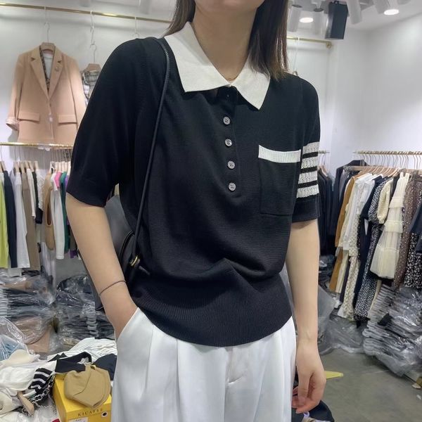 

2021 summer new tb puppy four stripe bar contrast college polo lapel short sleeve knitted t-shirt women, White