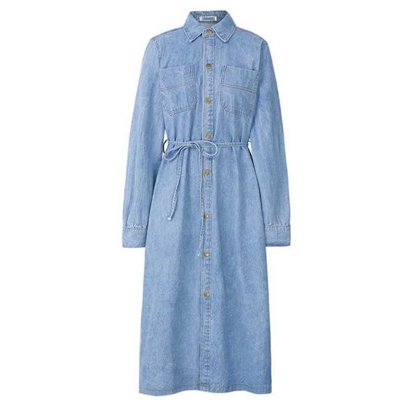 

perhaps u blue denim shirt dress pocket button long sleeve knee length dress loose sash casual d0974 210529, Black;gray
