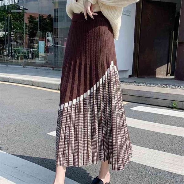 

autumn & winter women geometric high waist knitted pleated skirt casual fashion elegant warm a-line long 210602, Black