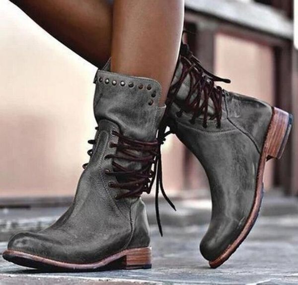 

boots 2021 women mid-calf ladies chaussure girl vintage pu leather booties shoes woman warm lace-up platform, Black