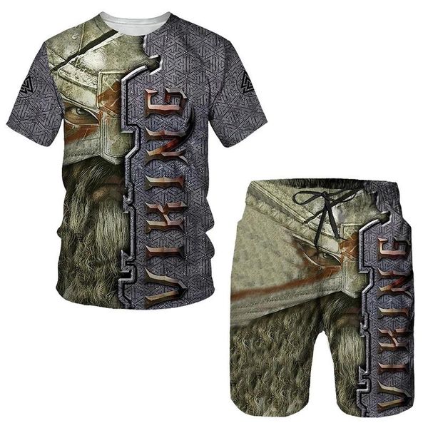 

men's tracksuits the hero viking summer 3d printed t-shirt shorts set sportswear tracksuit o neck short sleeve clothing suit, Gray