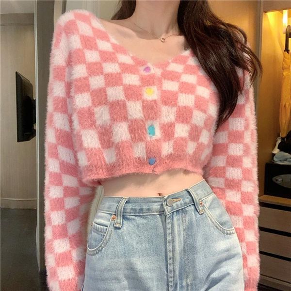

women's knits & tees spring women kawaii pink knitted cardigans retro solid sweater casual plaid mohair 2021 winter ladies crop, White