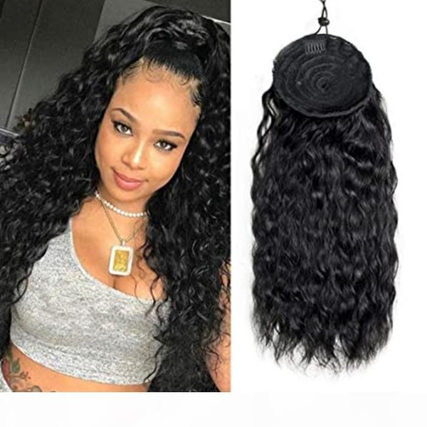

women's multi color long wet wavy human hair ponytail with clip hair extension 160g ,updo natural drawstring pony tail hairpiece, Black