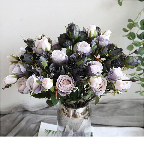 

3 heads silk roses bouquet vases for home decor new year christmas wedding decorative flowers wreaths artificial jllglw