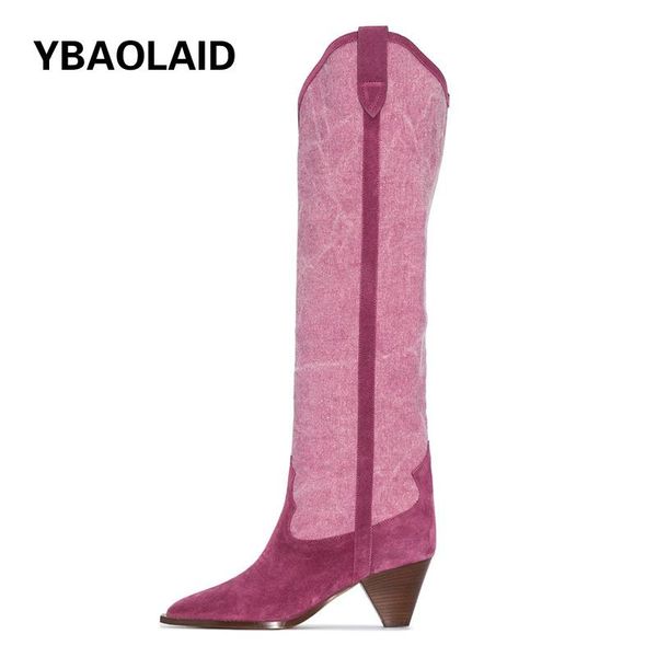 

boots winter cow leather high tube knee-length vintage pointed toe thick heel casual large size mixed color western cowboy, Black