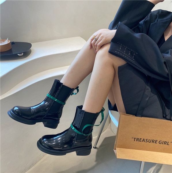 

smoke tube green belt color matching cross martin boots autumn and winter 2021 new thick bottom short straight
