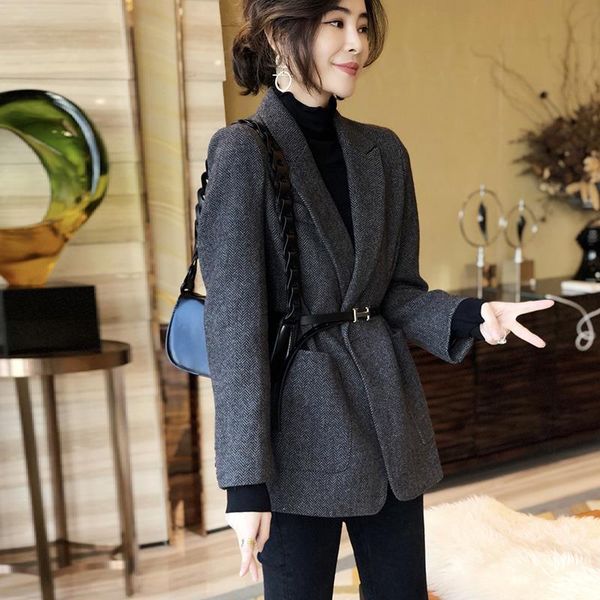 

women's wool & blends gray blazer women woolen jacket suit 2021 autumn and winter slim design clothing with pockets, Black