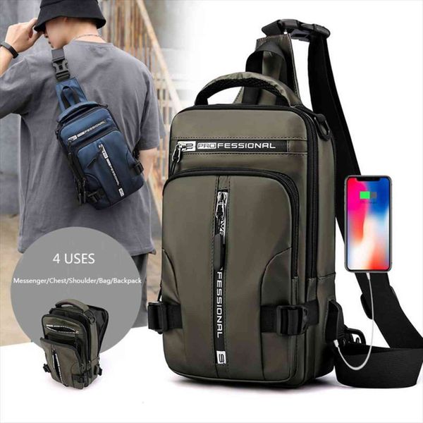 

men nylon backpack rucksack cross body shoulder bag with usb charging port travel male knapsack daypack messenger chest bags