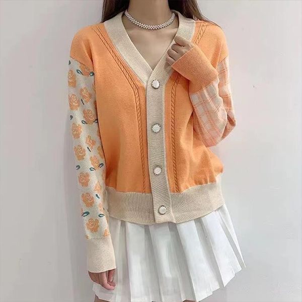 

floral print knitted women sweater korean style cardigans v neck loose single breasted female cardigan casual sweet trend, White;black