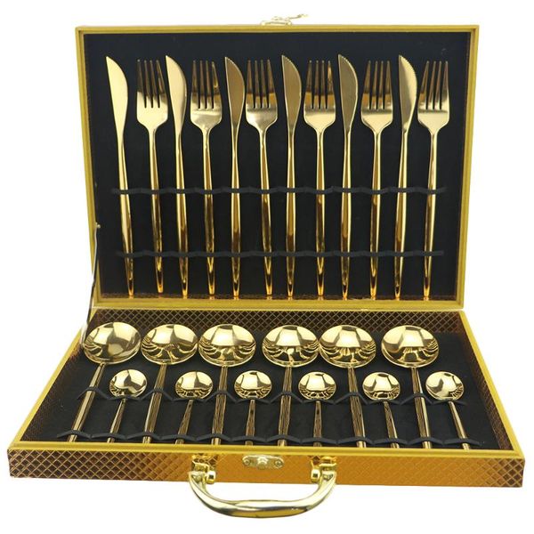 

dinnerware sets 24pcs gold set 304 stainless steel rainbow cutlery dinner knife fork spoon silverware tableware with box