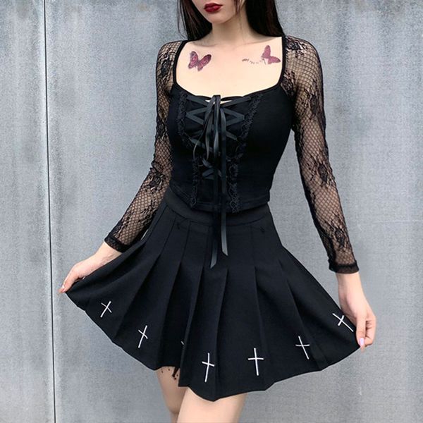 

vintage elegant black lace up gothic mesh see through long sleeve women autumn hollow out bodycon basic top, White