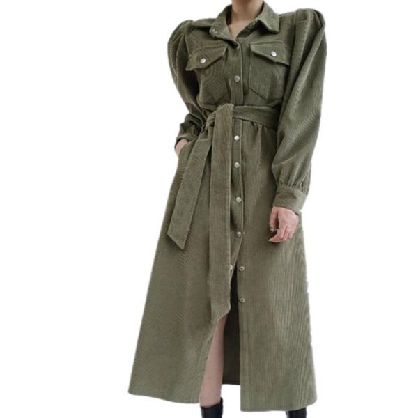 

casual dresses french style elegant lapel single-breasted corduroy dress women loose tie waist tooling, Black;gray